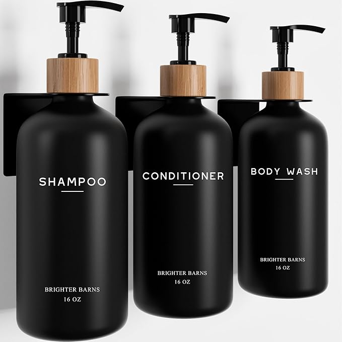 Black Shampoo and Conditioner Dispenser Set Wall Mounted by Brighter Barns - Shampoo Dispenser for Shower Wall 3 Chamber No Drill - Shower Bottles Refillable with Labels for Bathroom, Airbnb (Black)