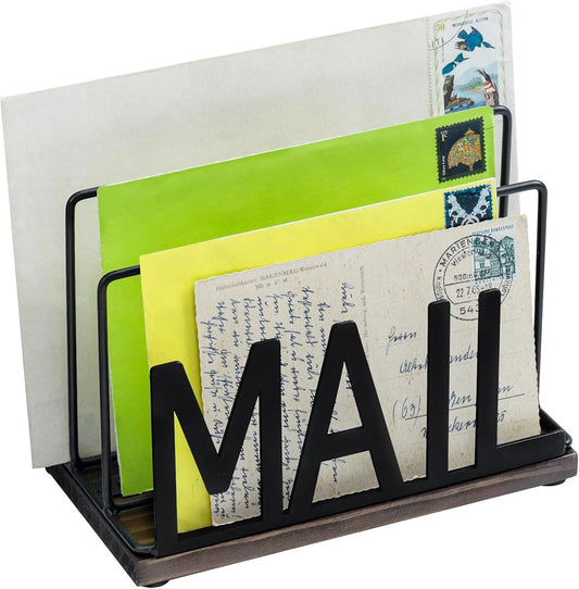 MyGift 3 Slot Industrial Matte Black Metal Wire Tabletop Mail Organizer with Burnt Wood Base – Modern Desktop Letter Sorter for Entryway, Office, or Home