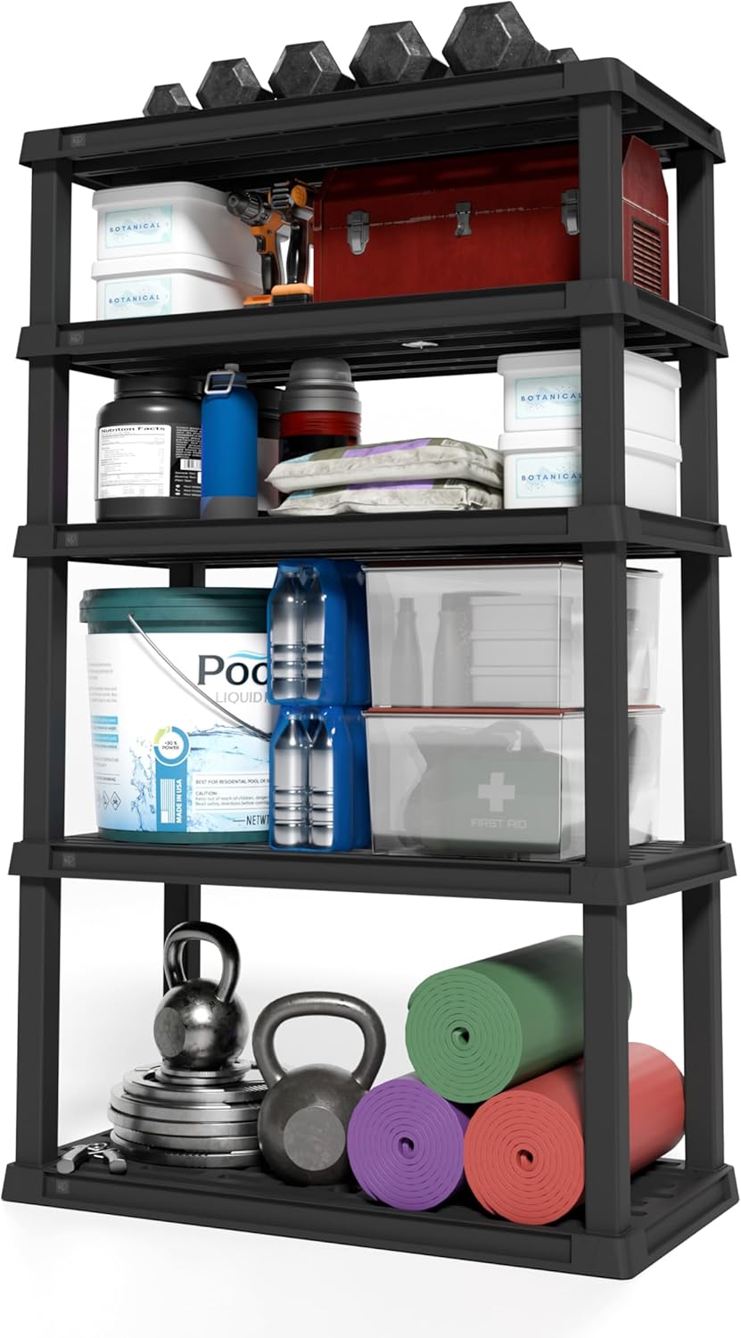 IRIS USA 5-Shelf Heavy Duty Plastic Storage Shelves, 750lb Capacity, 68" H x 36" W x 18" D, Large Modular Shelving Unit Storage Organizer for Garage, Home, Warehouse & Gym, Storage Rack - Black