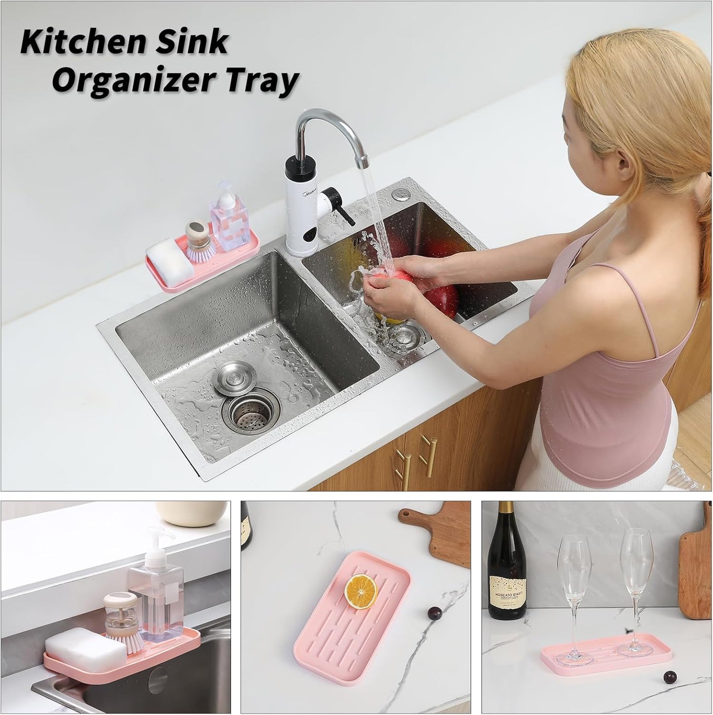 Silicone Kitchen Sink Organizer Tray for Multiple Usage,Easy Clean,Eco-Friendly Sponges Holder for Kitchen Bathroom Counter or Sink,Dish Soap Dispenser,Scrubber,Bottle,Cup Pink 10”x 5.3”