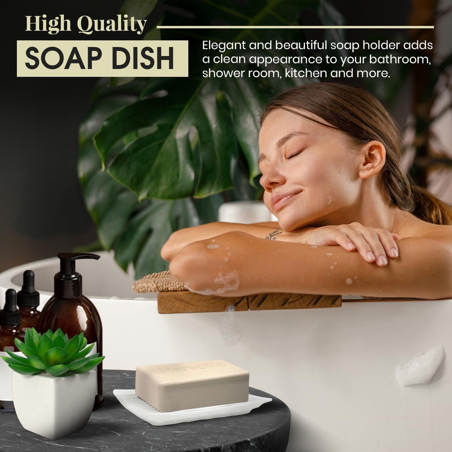 Modern Zen White Soap Dish - 4.9 x 3 Inches - Durable Ceramic Bar Soap Holder with Soap Saver Ridges, Non Slip Feet - Soap Dish for Shower, Bathroom and Kitchen