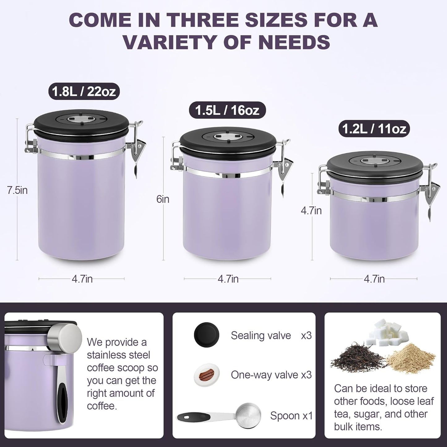 ShanSon Coffee Canister Airtight Coffee Container Stainless Steel Coffee Bean Storage Container with Scoop Coffee Canister for Beans Grounds Sugar Flour Tea Cereal,16OZ, Purple