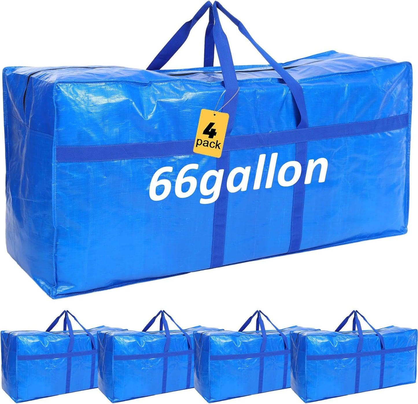 4 Pcs 66 Gallon Large Moving Bags with Zipper and Handles Foldable Storage Duffle Bags Heavy Duty Extra Large Totes for College Dorm Travel Clothes Blankets Bedding Moving (Blue)