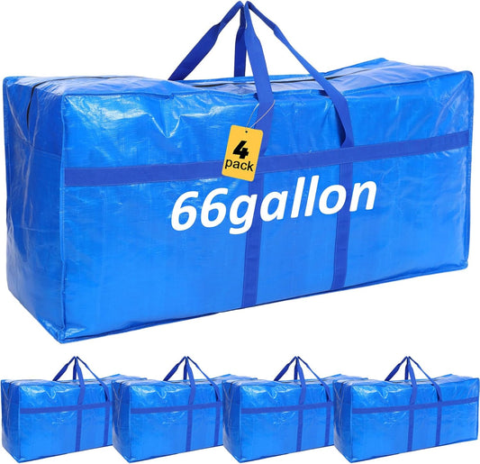 4 Pcs 66 Gallon Large Moving Bags with Zipper and Handles Foldable Storage Duffle Bags Heavy Duty Extra Large Totes for College Dorm Travel Clothes Blankets Bedding Moving (Blue)