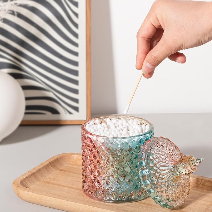 rejomiik 2 Pack Qtip Holder Glass Bathroom Accessories Vanity Organizers and Makeup Storage for Cotton Swabs, Balls, Pads, Floss Picks, Candy, Small and Large Rainbow