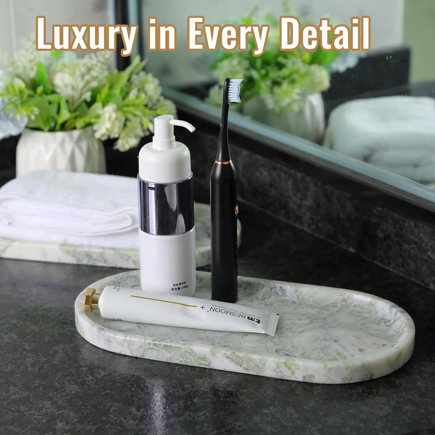 Koville African Natural Marble Tray, 12"x6" Vanity Decorative Tray for Countertop Organizer, Catchall Tray for Perfume, Candles, Jewelry Dish