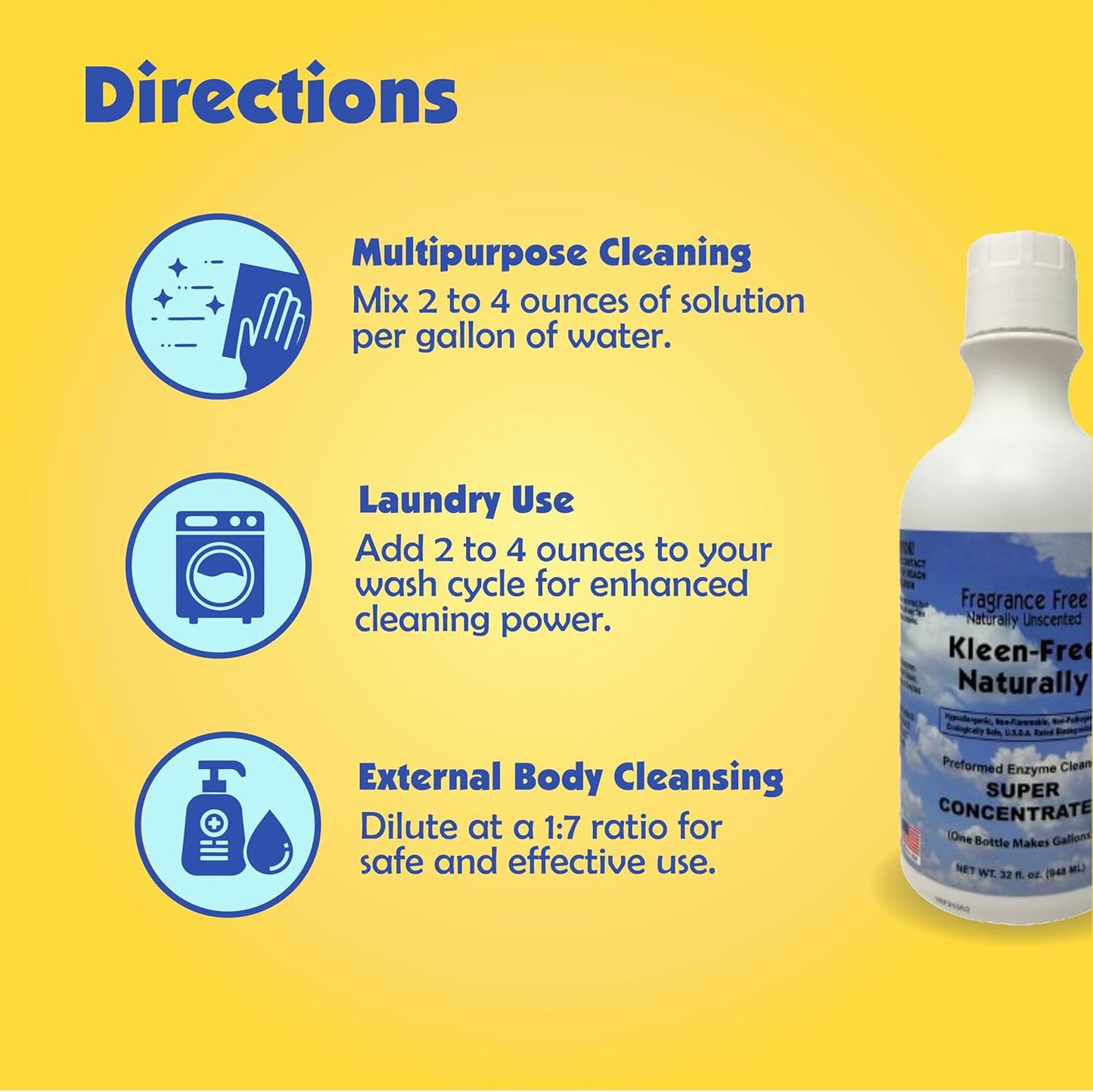 Naturally Unscented Concentrate 32 fl oz Enzyme Cleaner, Enzyme Solution and Multi-Purpose Cleaner, Laundry Additive and More