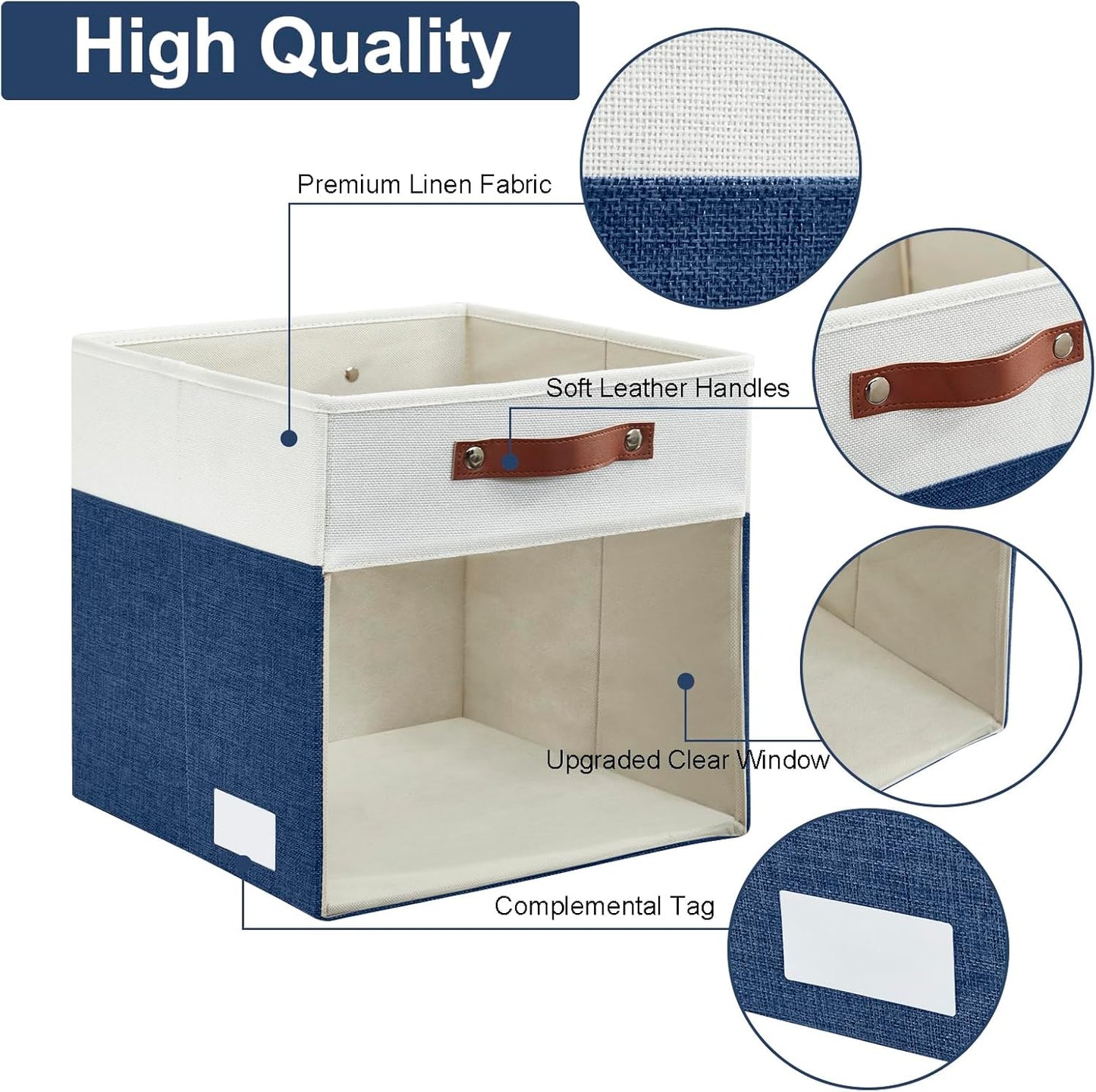 Storage Cubes, 4 Pack Linen Foldable Storage Bins (13 x 13 inch) with Clear Window and Handles, Fabric Organizer for Shelf Closet, Clothes, Books - (Navy Blue and White)
