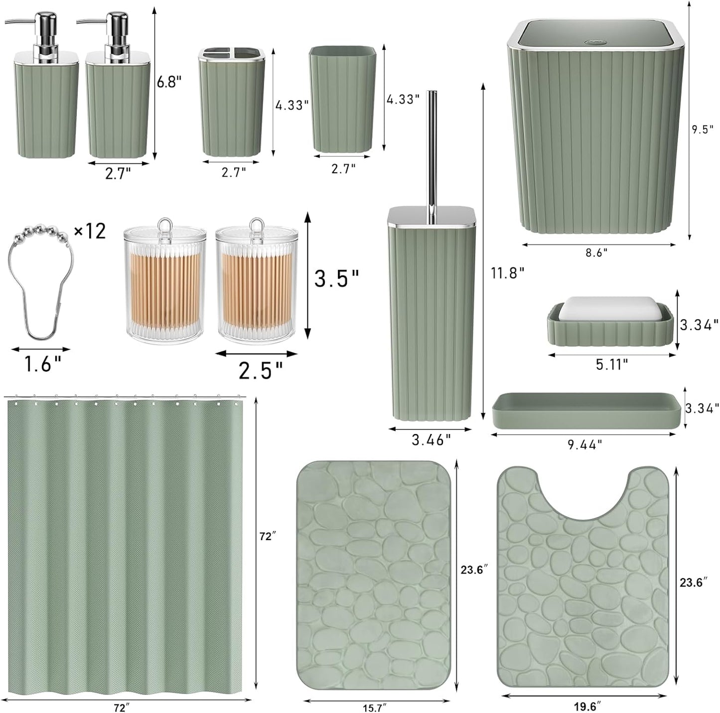 Bathroom Accessories Set - 25PC Sage Bathroom Set, Bathroom Set with Shower Curtain and Rugs, Sage Green Shower Curtain Set, Bathroom Accessory Set, Trash Can & Soap Dispenser