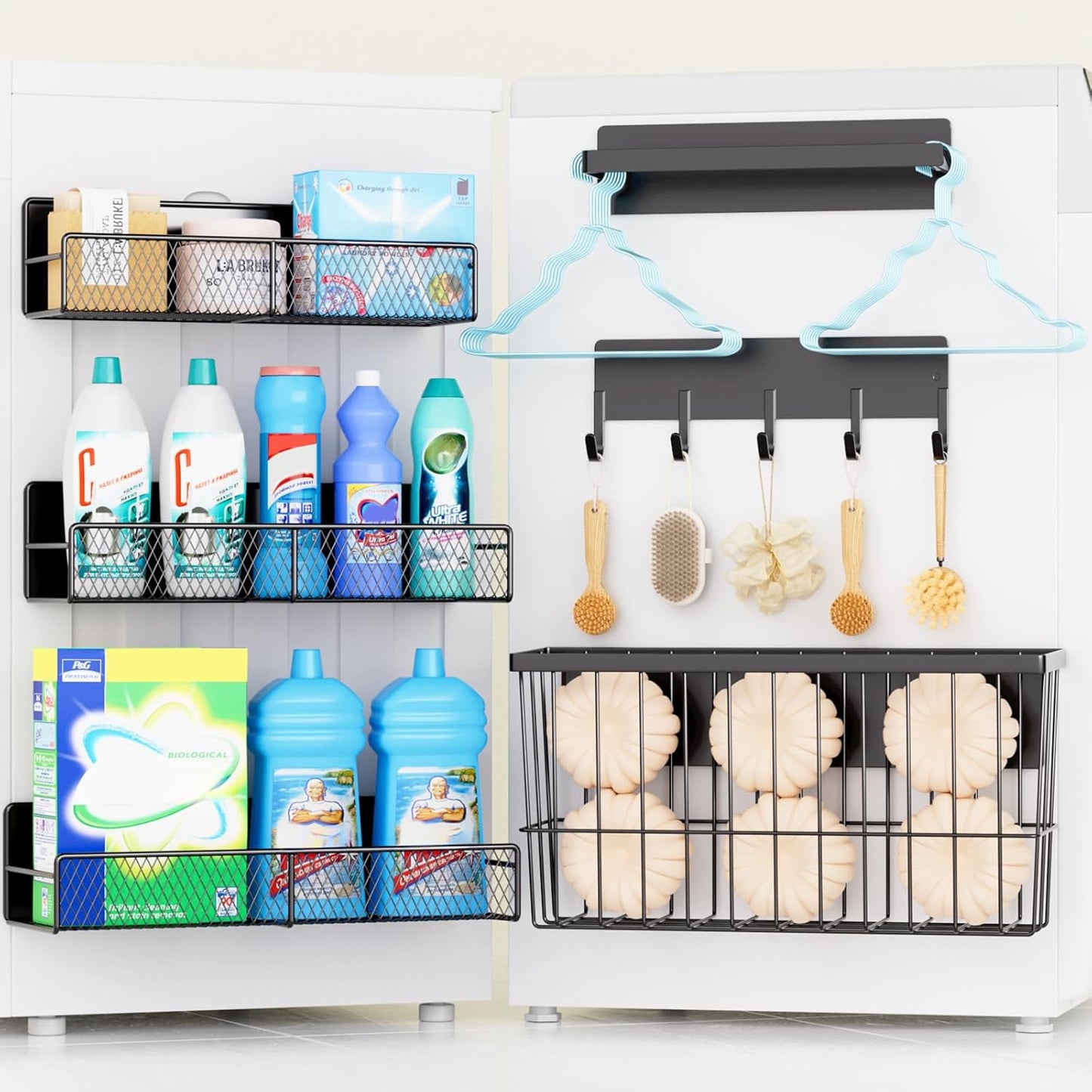 6-Pack Magnetic Shelves for Washing Machine & Refrigerator, Heavy-Duty Laundry Organizer with Hanger Holder & Deep Baskets, Metal Storage System for Laundry Room (Black)