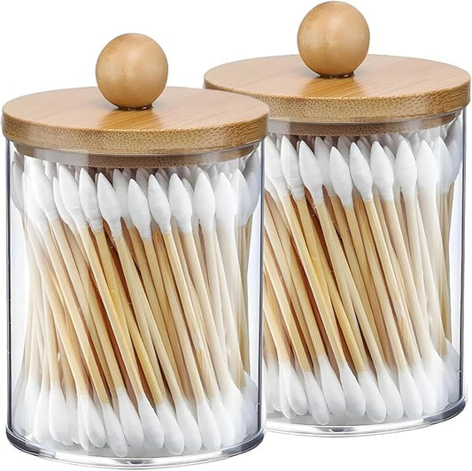 AXX Qtip Dispenser Apothecary Jars Bathroom - Qtip Holder Storage Canister Clear Plastic Jar for Cotton Swab,Q-Tips,Cotton Rounds (Bamboo 2Pcs)