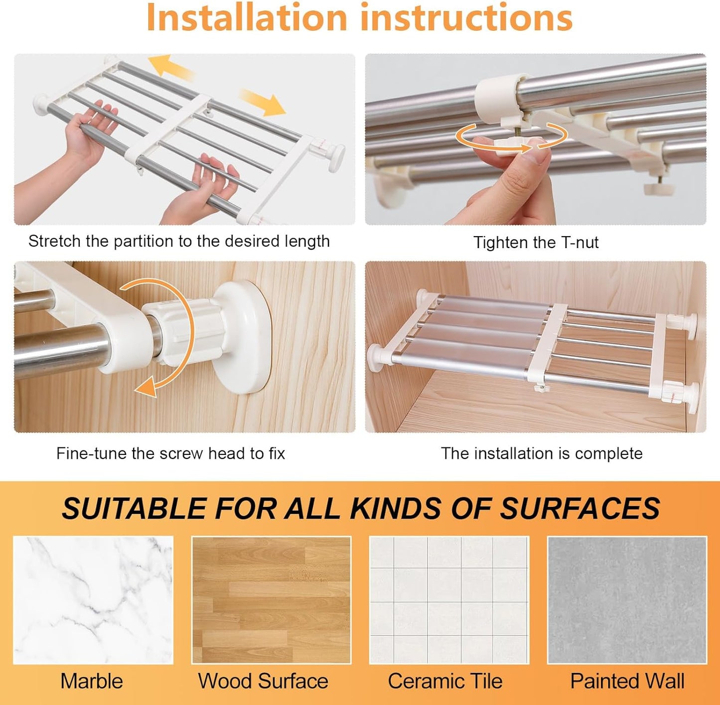 BAOYOUNI Closet Tension Shelf Rod Heavy Duty Wardrobe Organizer Adjustable Storage Shelves Rack DIY Closet Dividers Separators for Kitchen Bathroom Bedroom Garage, 19.69-31.5 Inches