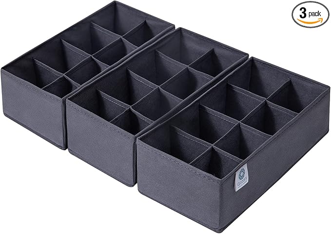 Qozary 3 Pack Sock Underwear Drawer Organizer Dividers, Non-Woven Fabric Collapsible Cabinet Closet Storage Boxes for Clothes, Socks, Lingerie, Underwear, Tie, Belt, Baby, Bedroom (Gray, 8 Cells)