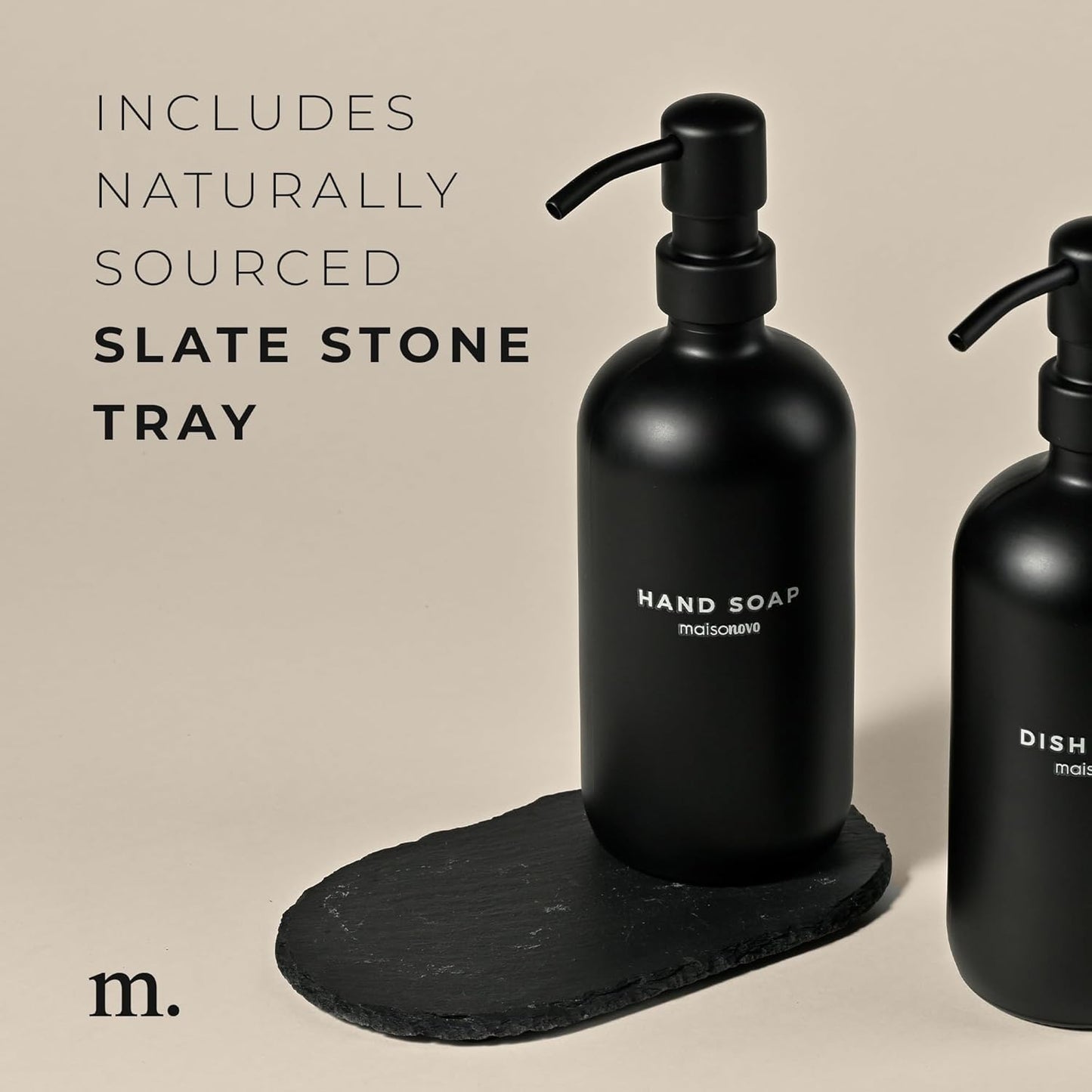 MaisoNovo Soap Dispenser 3-Piece Set | 16.9oz Black Bottles with Black Stainless Steel Pumps