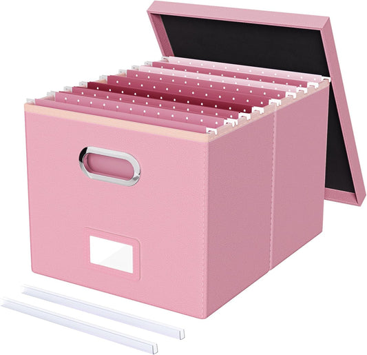 Oterri File Organizer Box,Filing Box with Lid,File Box for Letter/Legal File Folder Storage, Portable Hanging File Box for Office/Decor/Home,1 Pack, Pink(Leather),Box only