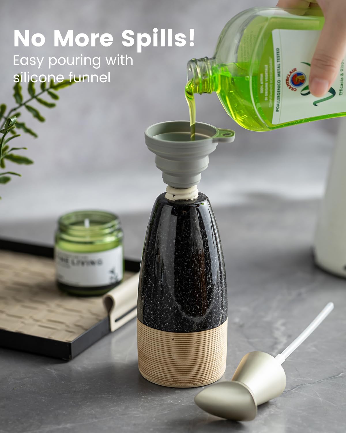 Ceramic Dish Soap Dispenser with 2 Pumps for Hand Soap, Shampoo, Lotion, Conditioner, 12 oz Refillable Soap Bottle with Silicone Funnel for Thanksgiving Chiristmas Bathroom & Kitchen, Black