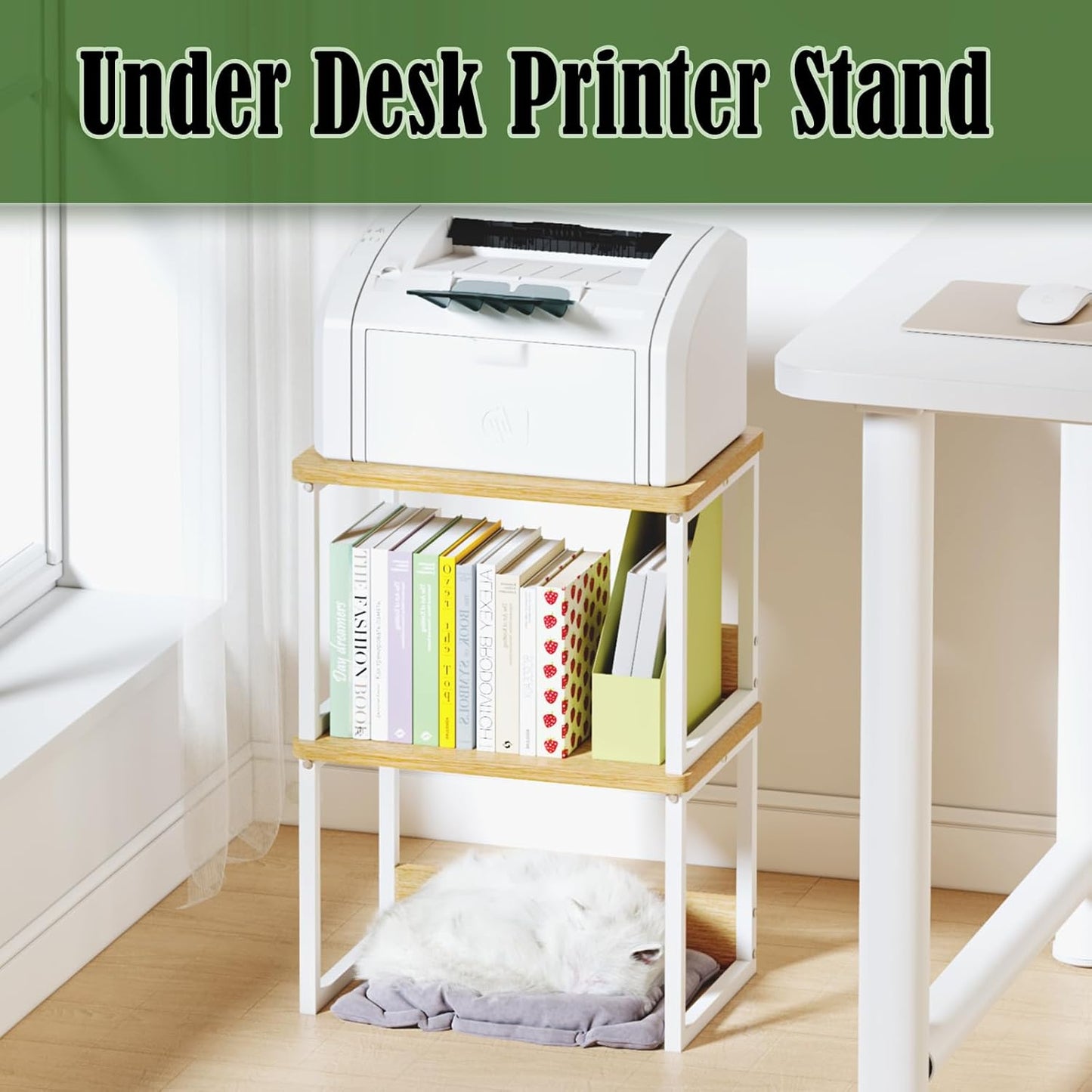 MARTY Desktop Printer Stand 2 Pack Printer Stand with Storage for Desk, Shelf Organzier for Home/Office Printer Riser Under Desk Small Table for Printer Fax Machine Scanner(Maple)