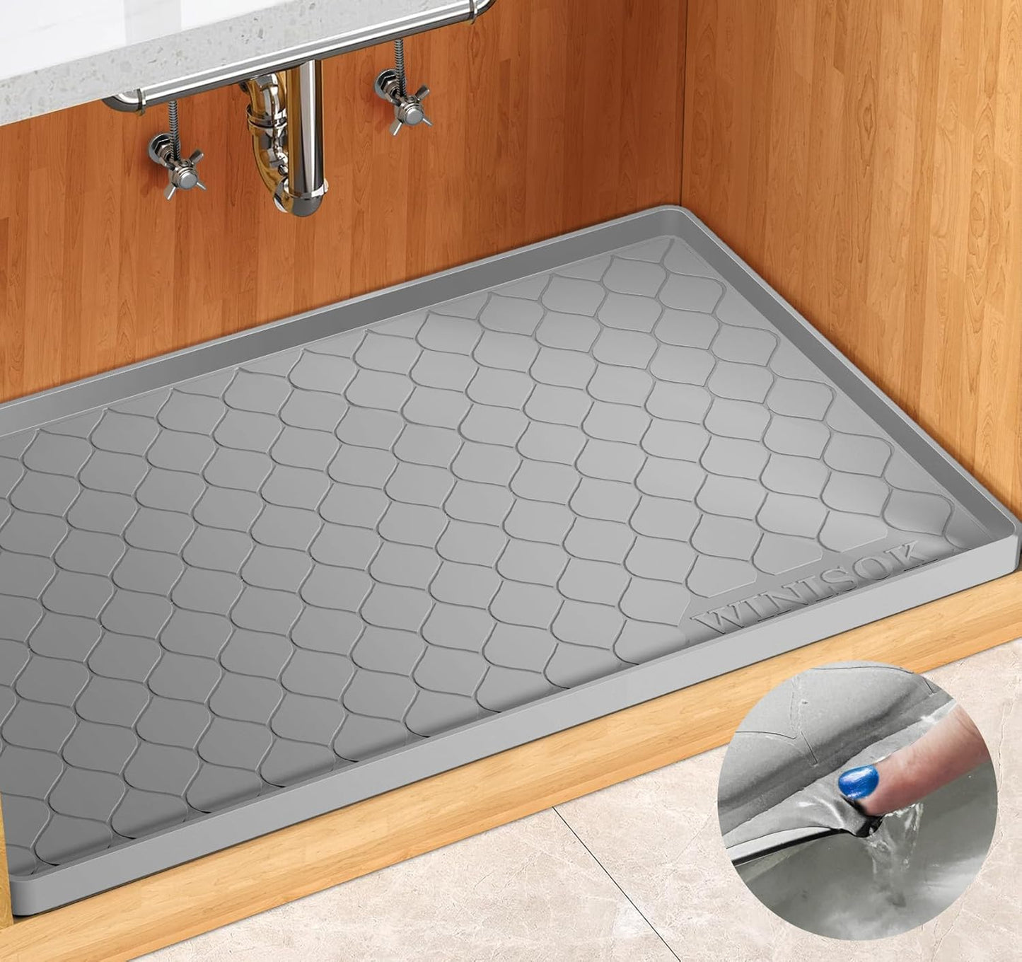 Silicone Under Sink Mat 34" x 19", kitchen Essentials and Gadgets, Shelf liner and Cabinet Protector, Home Organizers and Storage, Waterproof Bathroom Tray