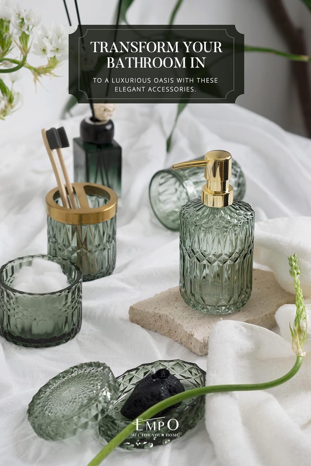 EMPO 6PCS Bathroom Clear Glass Accessories Set (Lotion Soap Dispenser, Soap Dish, Toothbrush Holder, Tumbler, Cotton Swab Jar), Contemporary Modern Decor Crystal Vintage Gift (6pcs Green)