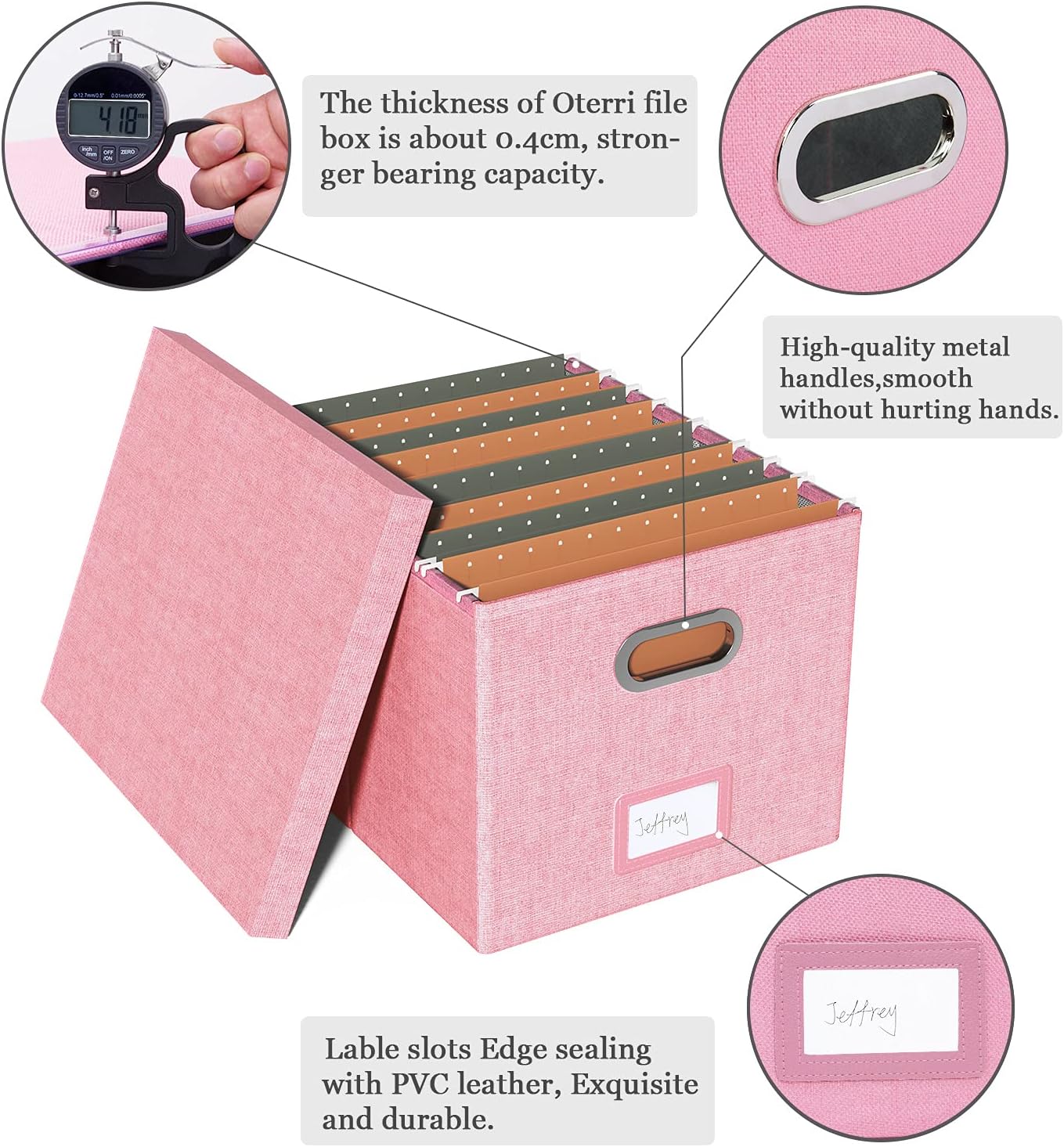 Oterri File Organizer, File Box, File Cabinet for Letter File Folder Storage, Portable Storage Bins with Lids for Office/Decor/Home, 1 Pack, New-pink-Box only