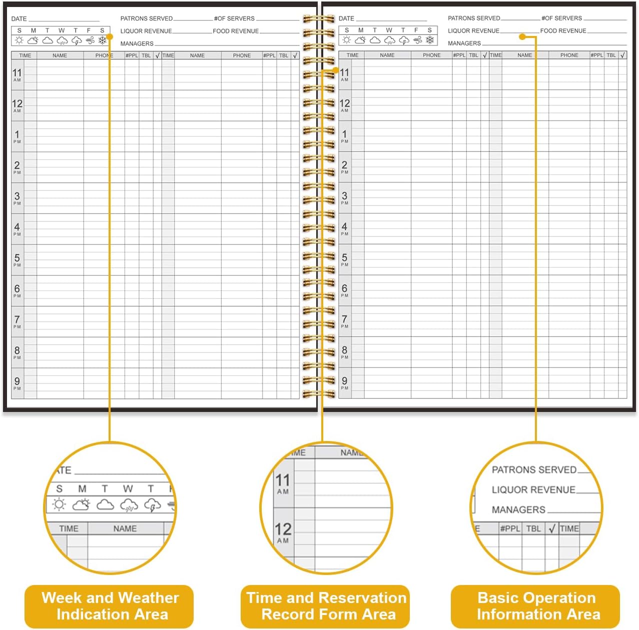Reservation Book for Restaurant, Table Reservations, Spiral bound Restaurant Dinner Reservations 365 Days 384 Pages, 8.5” x 11'' Black