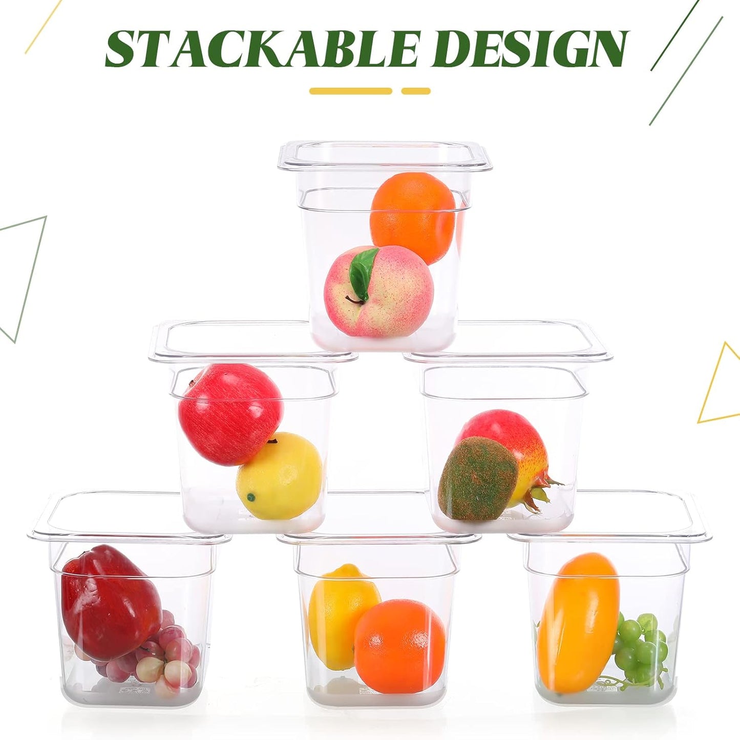 Yinder 6 Pcs Plastic Clear Food Pans 1/6 Size Stackable Polycarbonate Food Containers with Capacity Indicator Restaurant Commercial Hotel Pan for Fruits Vegetables Beans Corns (4'' Deep)