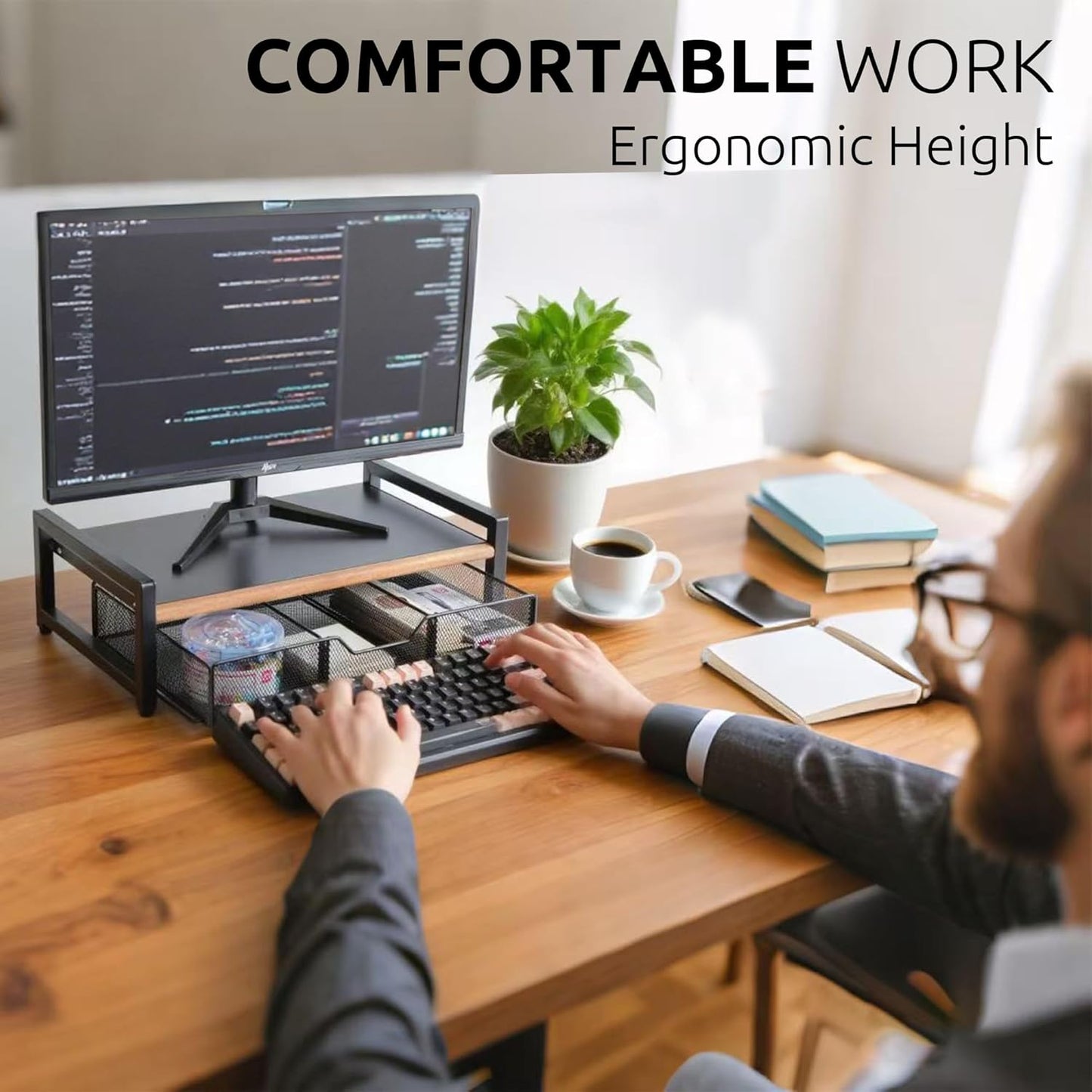 Monitor Riser,Monitor Stand for Desk -Metal Computer Riser with Solid Wood Decorative Strips.Desk Storage for Office, Home (with Storage)