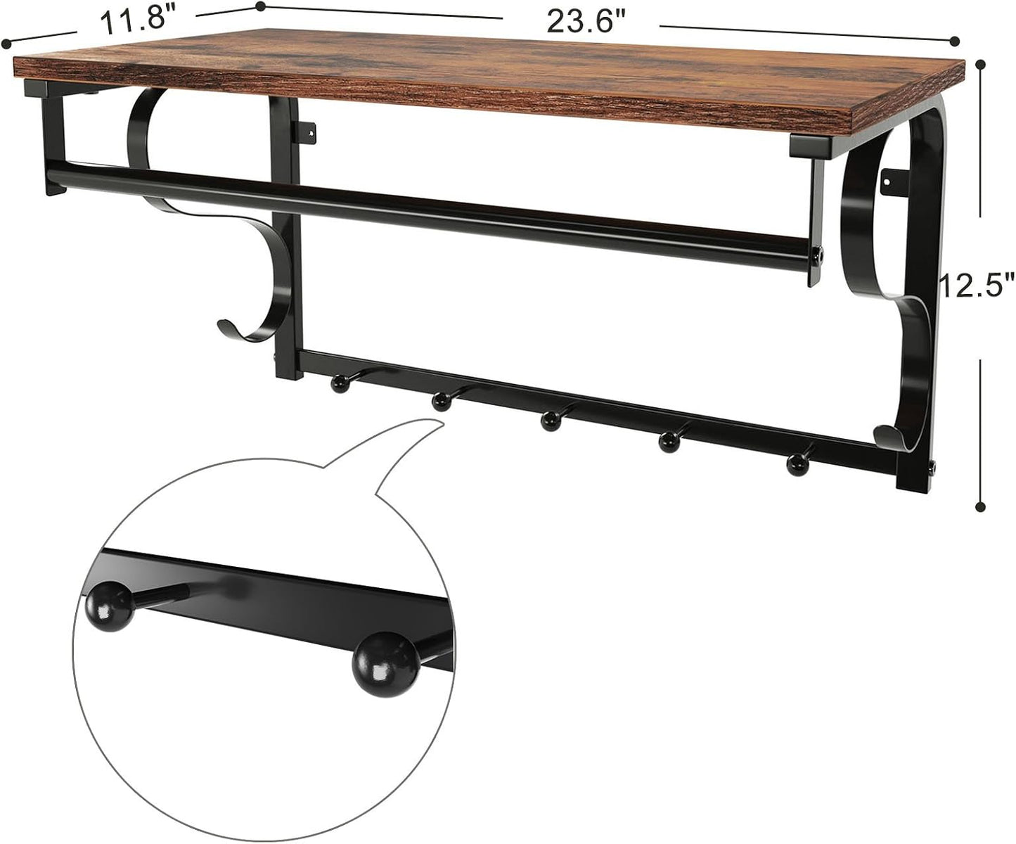 VASAGLE Coat Rack Wall Mount, Wall Hooks with Shelf, Hanging Rail, 5 Hooks, for Entryway, Bathroom, Laundry Room, Rustic Brown and Black ULCR11BX