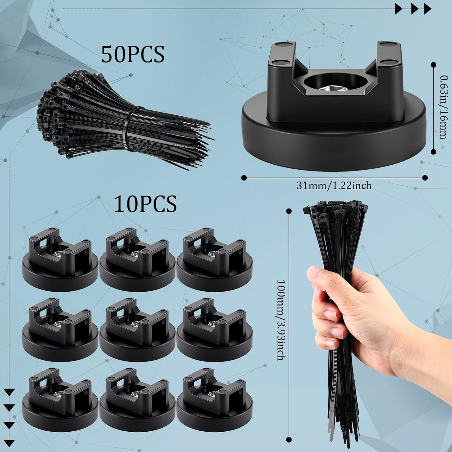 Yookeer 60 Pieces Magnetic Zip Tie Mount Multipurpose Cable Holder Magnets Magnetic Wire Management Bases with Heavy Duty Zip, Mount Nylon Cable Ties in Total (31mm)