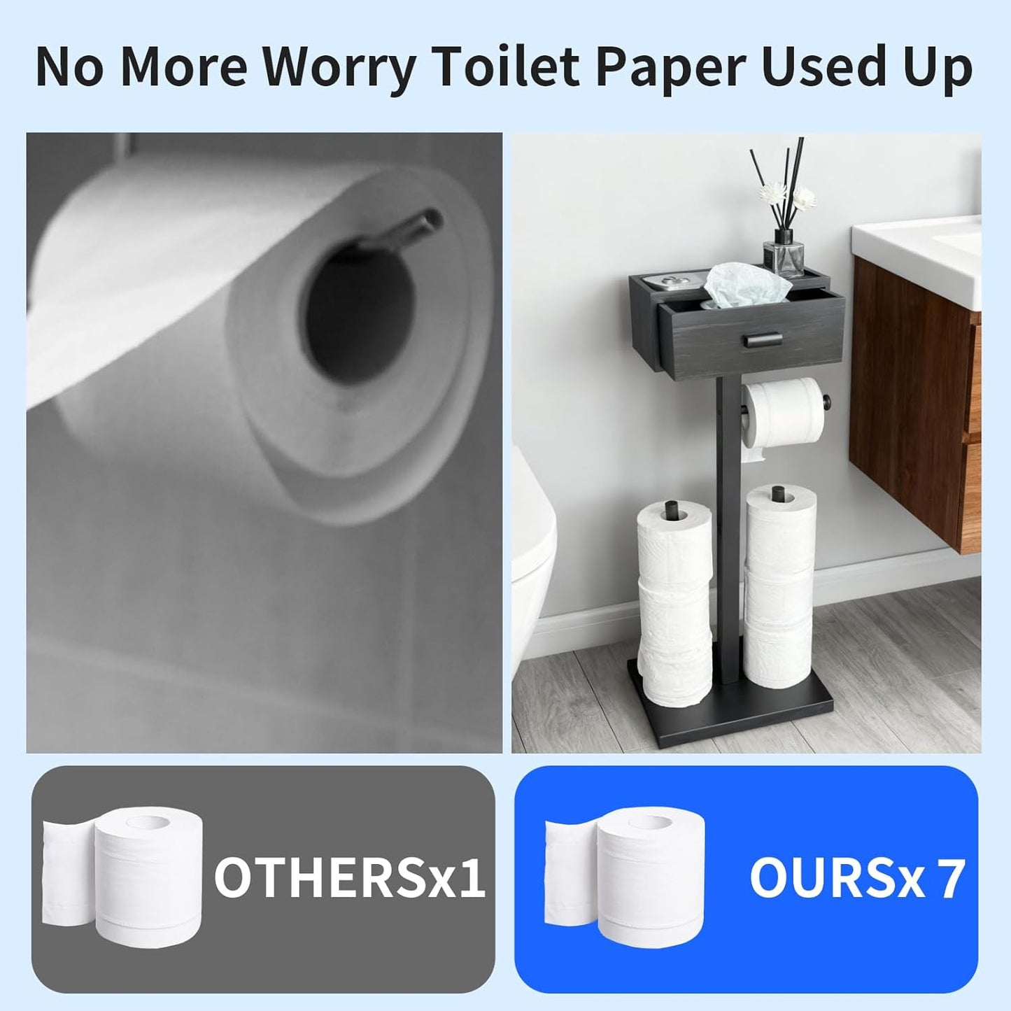 Freestanding Toilet Paper Holder Stand with Shelf, Black Wood Toilet Paper Roll Holder with Wet Wipes Storage Drawer,Bathroom(2 Rods,Stores 6 Rolls)