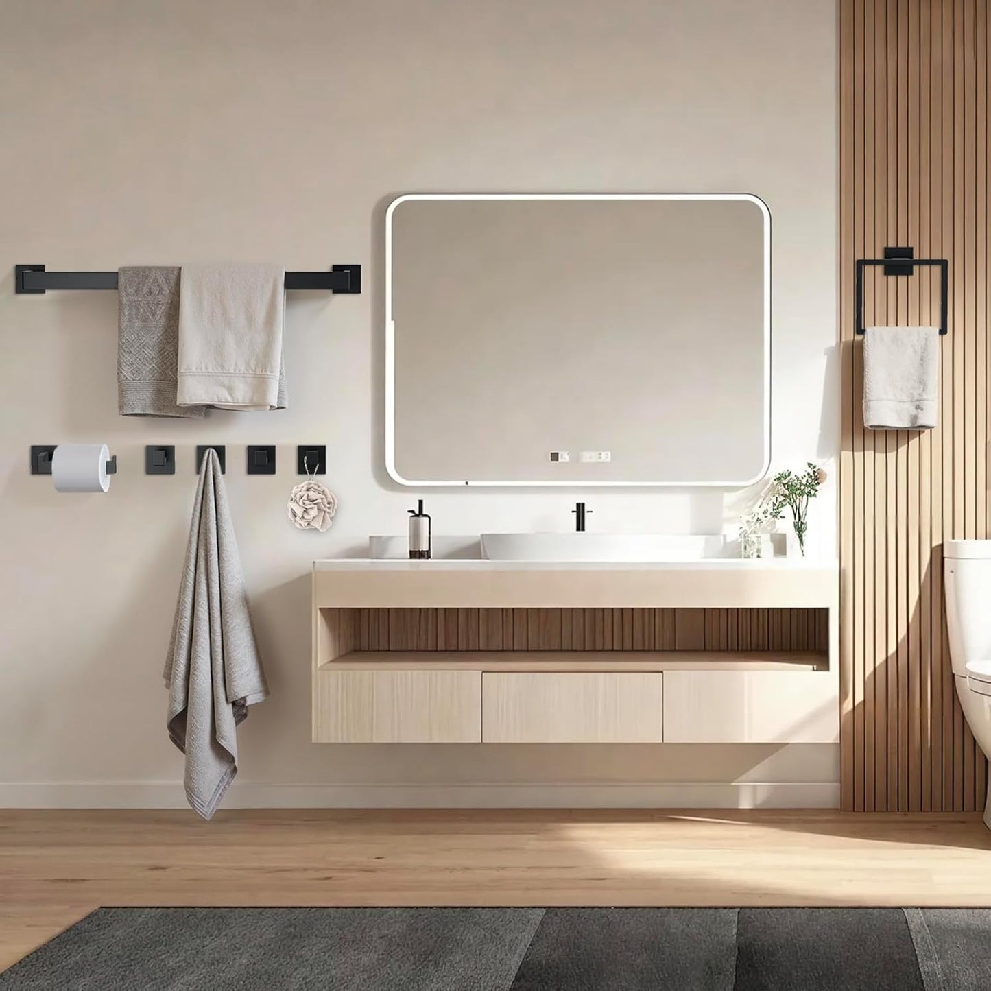 10 Pcs SUS304 Stainless Steel Bathroom Accessories Set, 23.6" Towel Bar, Toilet Paper Holder, Rectangular Towel Ring, Towel Hooks, Minimalist Design for All Styles Bathrooms (Matte Black)