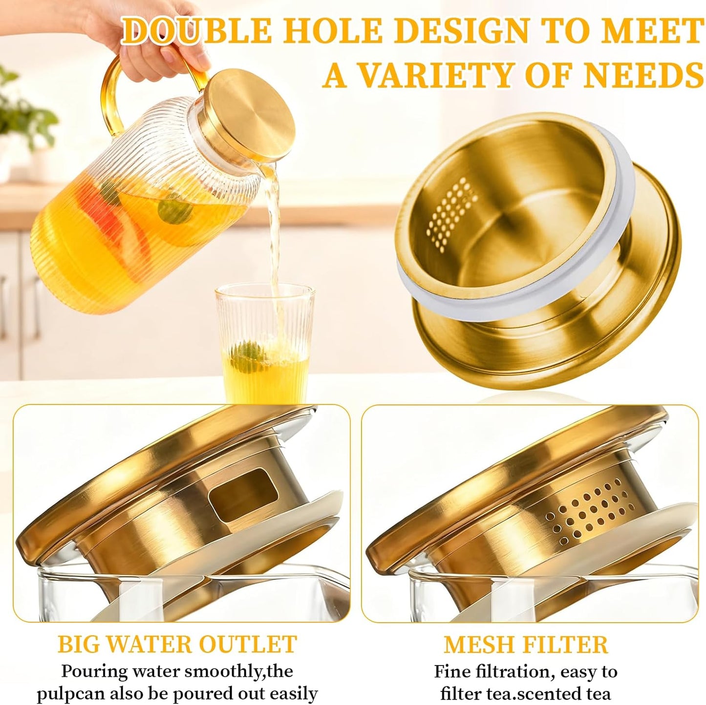 2 Pack Glass Pitcher with Lid, 68 oz/2 Liter Vertical Stripe Round Pitcher with Handle, Heat Resistant, Suitable for Refrigerator Storage, Iced Tea, Coffee, Lemonade, Juice, and Beverage Container