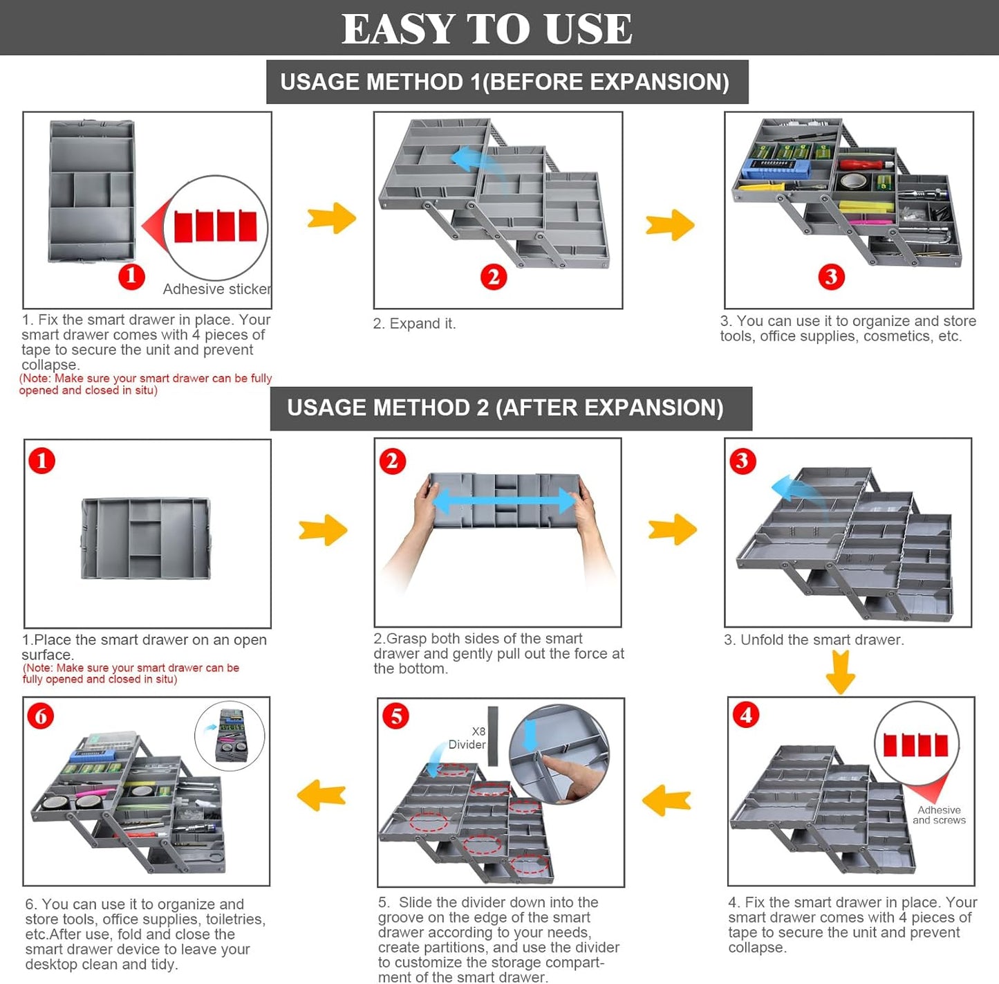 2/3 Tier Smart Collapsible Drawer Organizer,Multi Level Stacking Folding Junk Organizer, Foldable Expandable Pop up Tray, Expanding Multilevel Triple Desk Space Organizer (1 Row 2 Tier)