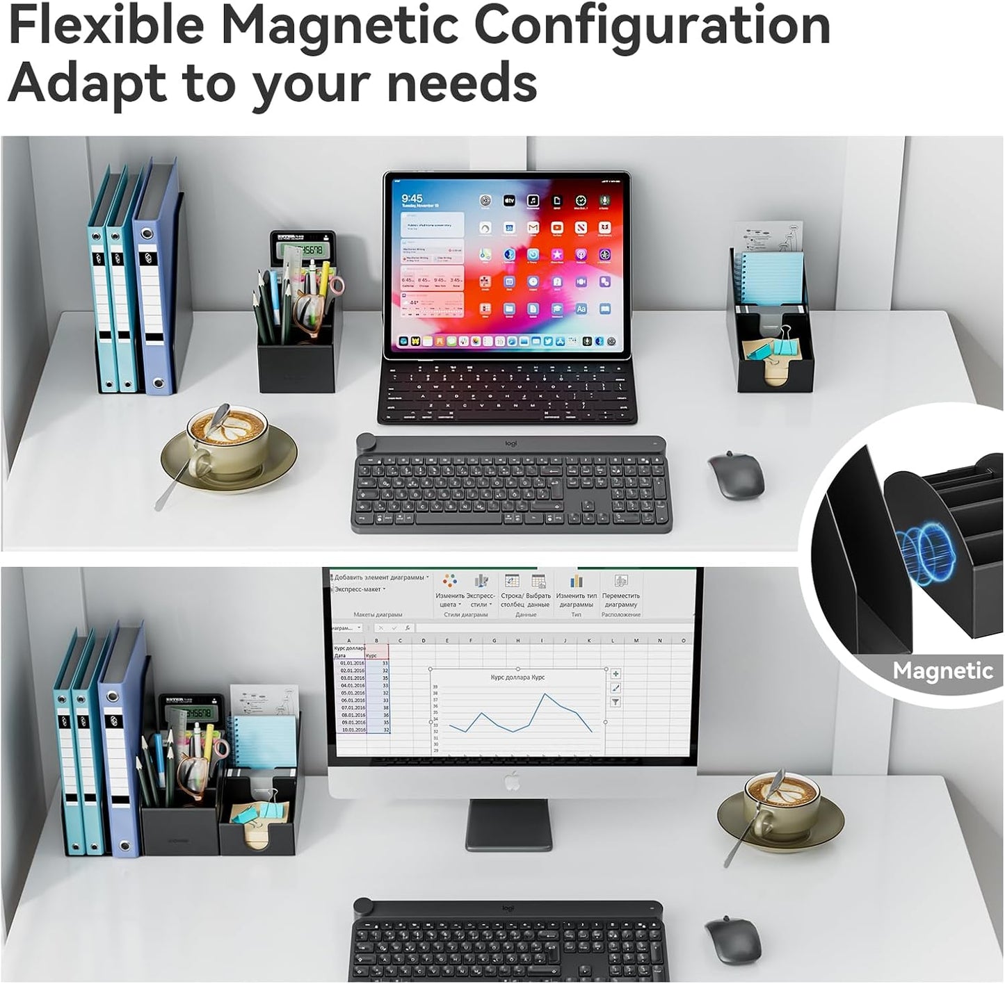Magnetic Desk Organizer Set - Multifunctional PU Leather Desktop Storage with File Holder, 5-Tier Storage Box, Card and Sticky Note Slots, Office Supplies Accessories for Desk & Workspace