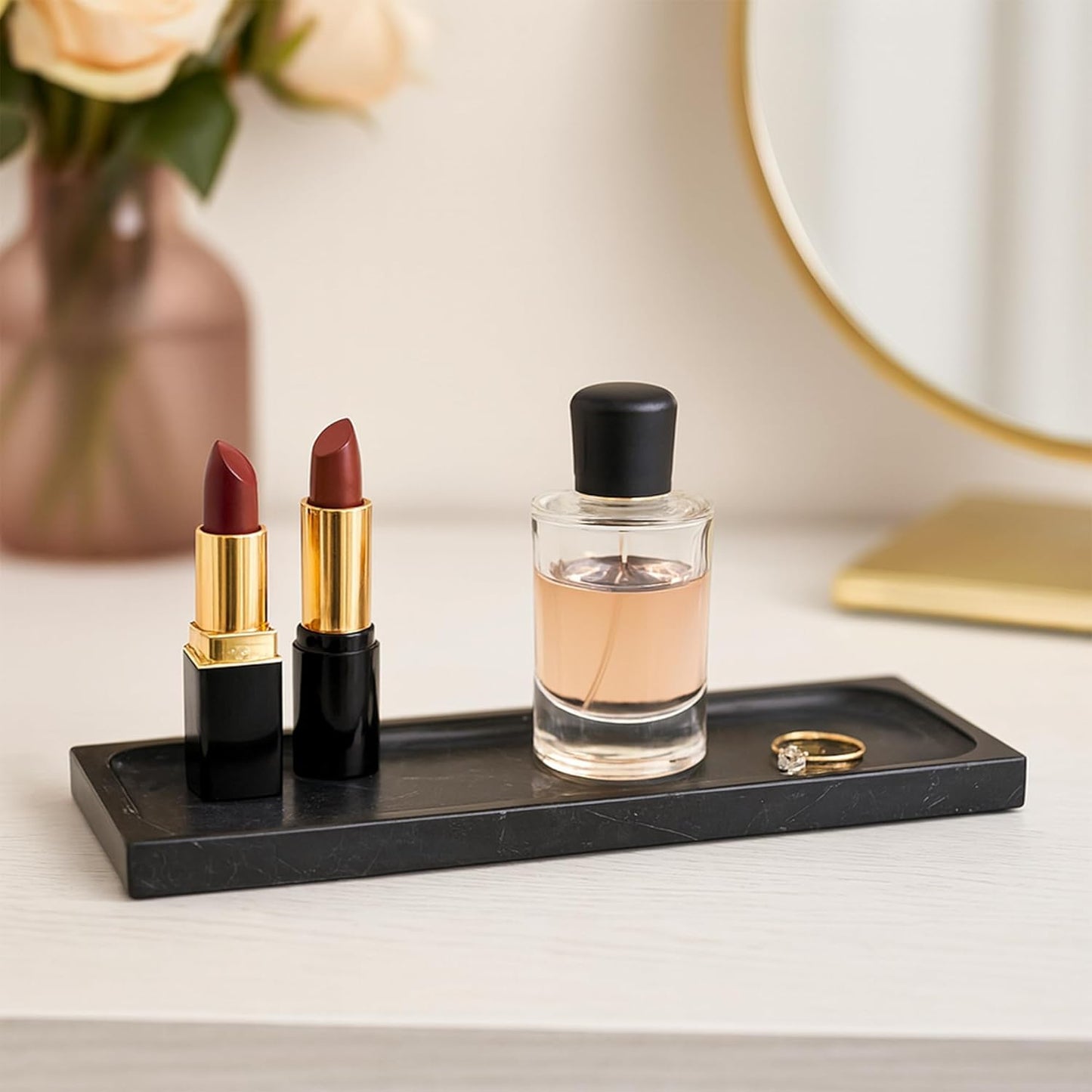 Black Marble Tray for Bathroom Countertop - Rectangular Vanity Organizer, Natural Stone Catchall Tray for Dresser, Entryway, Makeup, Jewelry | 10.6" x 3.5", Polished Finish