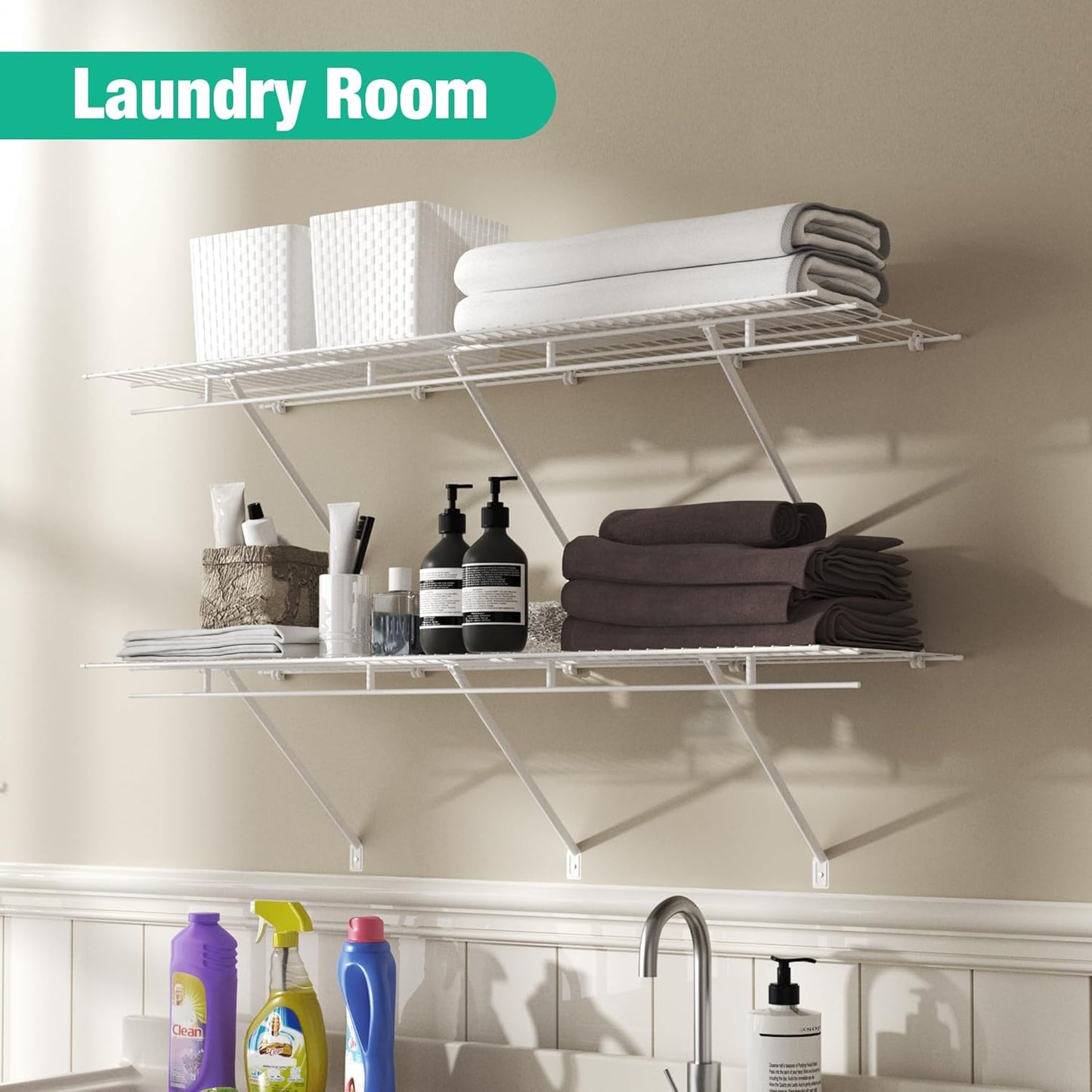 HAUSHOF Closet Shelves 4ft x 16in Wall Mounted 2-Pack, White Metal Wire Shelving for Laundry Room, Closet, Basement Organization and Storage