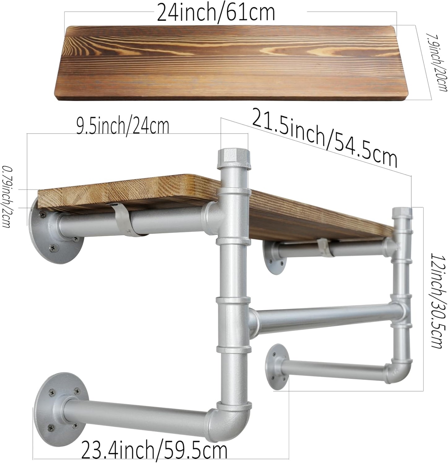 WEBI Wall Mounted Clothes Rack with Shelf,24" Industrial Pipe Clothing Rack with Shelf with Hanging Rod,Heavy Duty Iron Garment Rack Bar,Retail Display Clothes Rod for Laundry Room,Closet,Silver