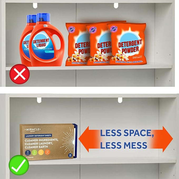 Miracle Made Liquidless Laundry Detergent Sheets – Eco-Friendly, Gentle Fabric Softener – No Dye, Bleach, or Paraben – 32 Strips (64 Loads) – Unscented