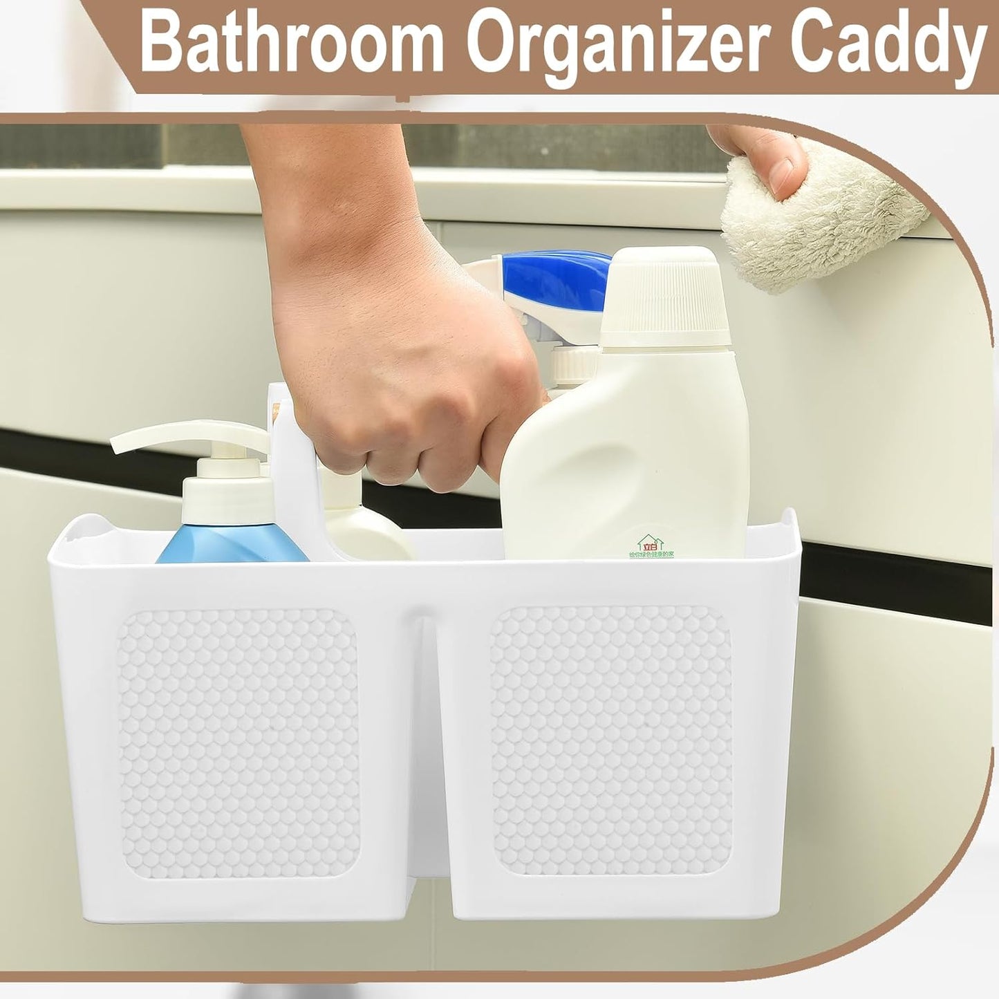 Haundry Plastic White Shower Caddy Basket with 3 Compartments, Portable Divided Bathroom Cleaning Caddy Organizer Storage Tote with Handle for Dorm, College, Room Essentials