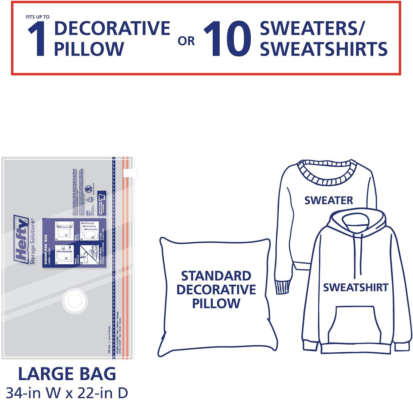 Hefty Shrink-Pak - 4 Large Vacuum Storage Bags for Clothes, Pillows, Towels, or Blankets - Space Saver Vacuum Sealer Bags Ideal Under Bed Storage Solutions