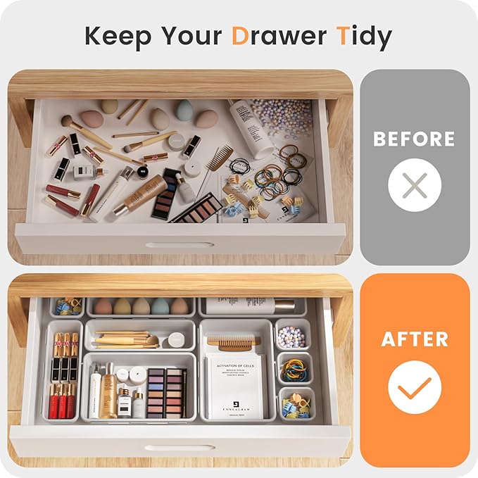 A-LuGei 【𝟮𝟴𝗣𝗖𝗦】 【𝟱𝗦𝗶𝘇𝗲】 White Drawer Organizer, Makeup organizer, 【Holds 177 Items】 Bathroom Organizers and Storage, Plastic Desk Organizer Divider, Organizer Bins for Office Vanity