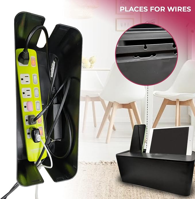 Cable Management Box Cord Organizer - The Cable Storage Box can Manage Hide Plugs Wires Power Strips USB Hub Router TV Computer Desk Cable for Home and Office Medium Black