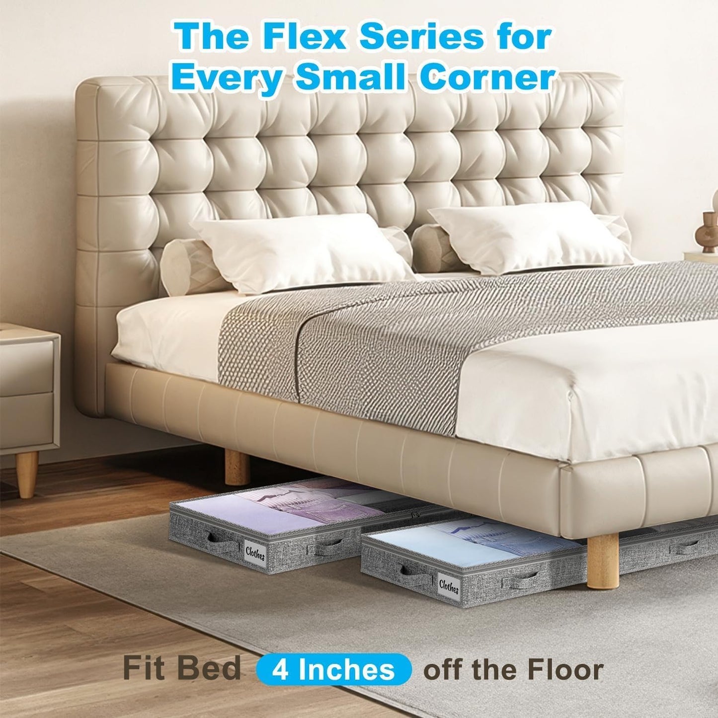 4 Inch Low Profile Under Bed Storage Drawer 2 Pack, Lightweight Underbed Clothes Storage Container Bins with NO STURCTURE, Shallow Storage Bag for Dorm & Home, With Clear Lids and Waterproof Fabric