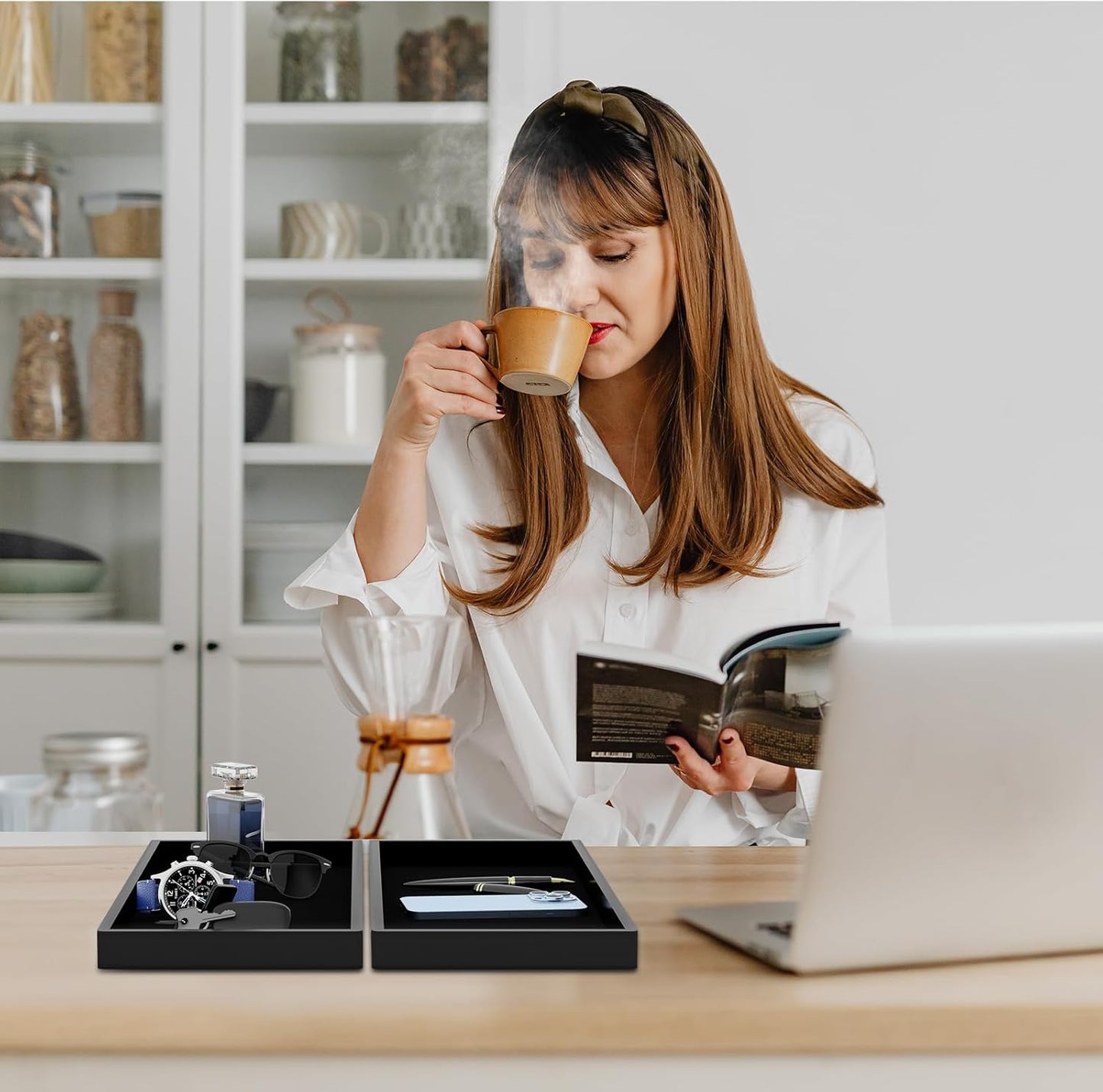 BBK Bathroom Vanity Tray 11.8 in- 2 Pack(Large) Silicone Bathroom Tray for Counter, Perfume Key Trinket Ring Tray, Decor Soap Dispenser Countertop Tray for Kitchen Sink Organization (Black)