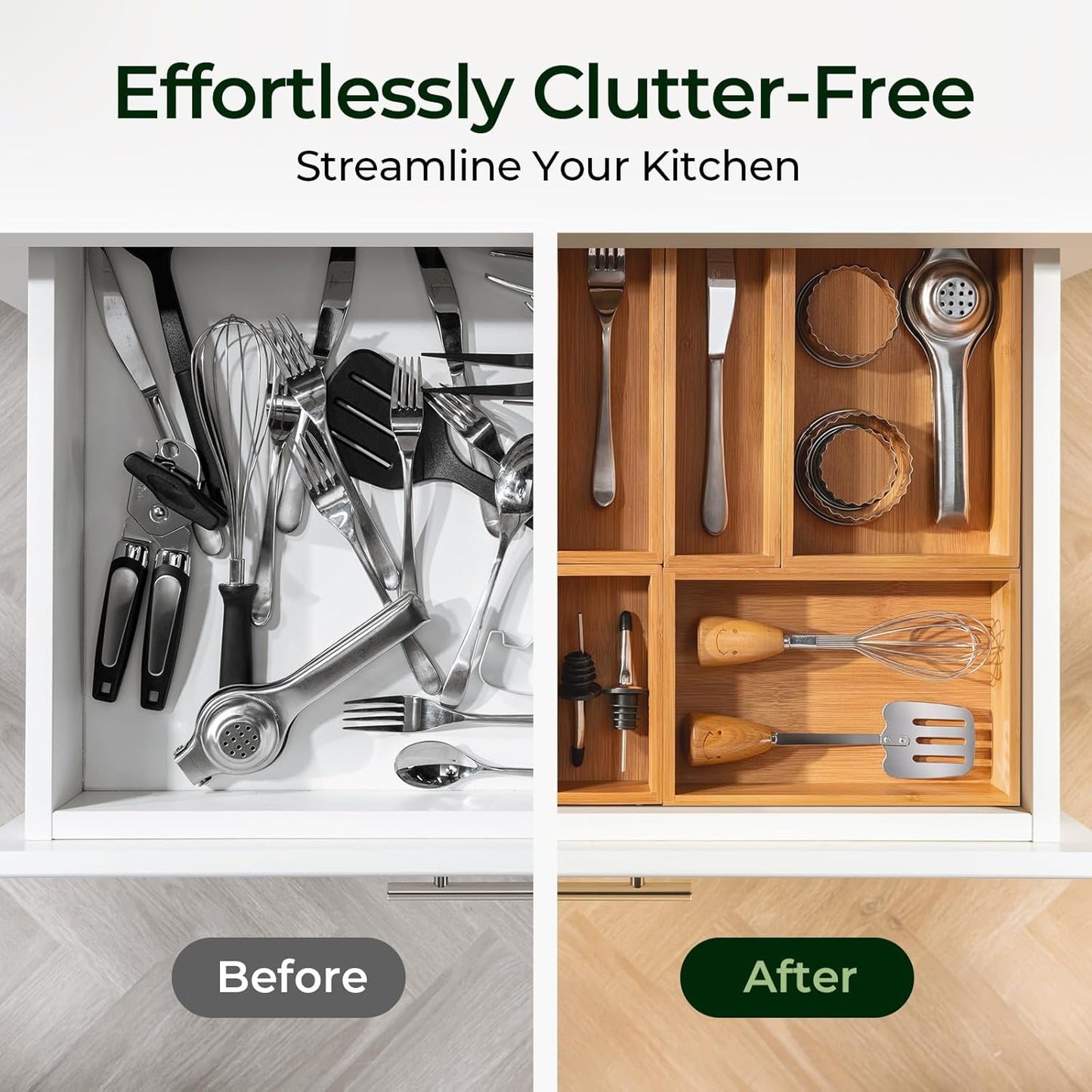 6-Piece Bamboo Drawer Organizer Set, 2.2" Deep Multi-Use Organizers for Utensils, Silverware, Cutlery, Desk, Bathroom, Junk Drawer & Makeup, Non-Slip Feet Included.