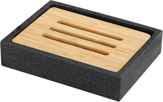 Luxspire Bamboo Soap Dish, Resin Soap Holder with Drainage, Wooden Soap Dish for Shower, Bathroom, Sink, Kitchen and Countertop, Gravel Black