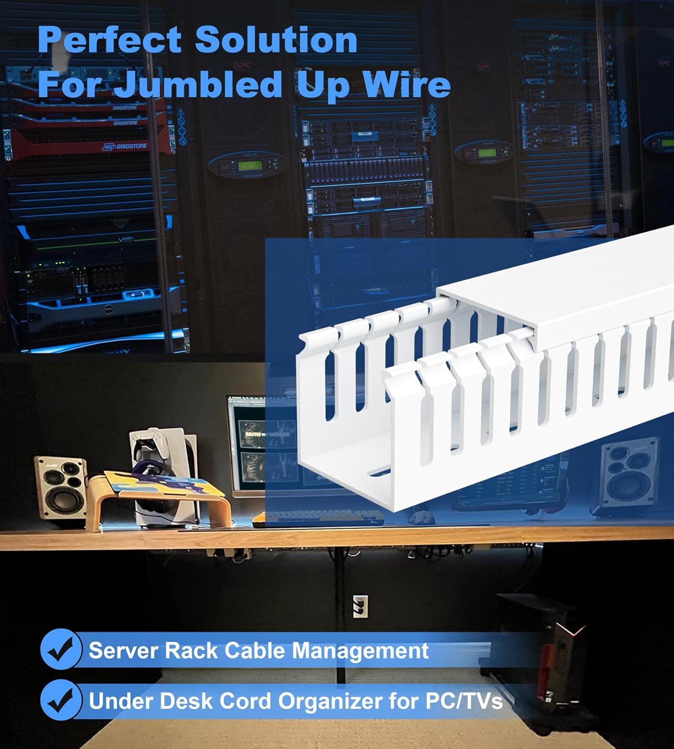 ZhiYo 2x2in Professional Server Rack Cable Management Raceway, 6.6ft (2 × 3.3ft) Cable Raceway Kit, Electrically Safe PVC Open Slot Wire Cover, Cord Hider for Under Desk/Computer/Network Cords White