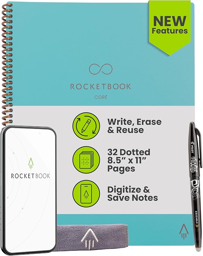 Rocketbook New Core Reusable Spiral Notebook, Letter Size 8.5x11, Teal - Dotted Pages, App-Connected, Erasable, Durable Cover, Ideal for School, Work, and Creative Projects