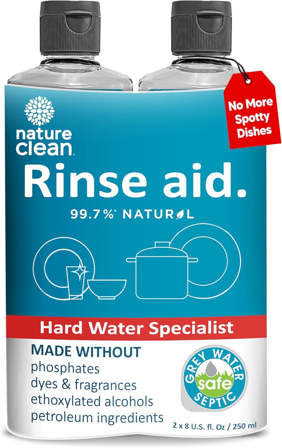 Nature Clean Natural Dishwasher Rinse Aid Liquid, Plant-Based Dishwasher Drying Agent with 99.7% Natural Ingredients, Unbelievable Power and No Nasty Chemicals. Hard Water Stain Remover. 8 oz 2-pack