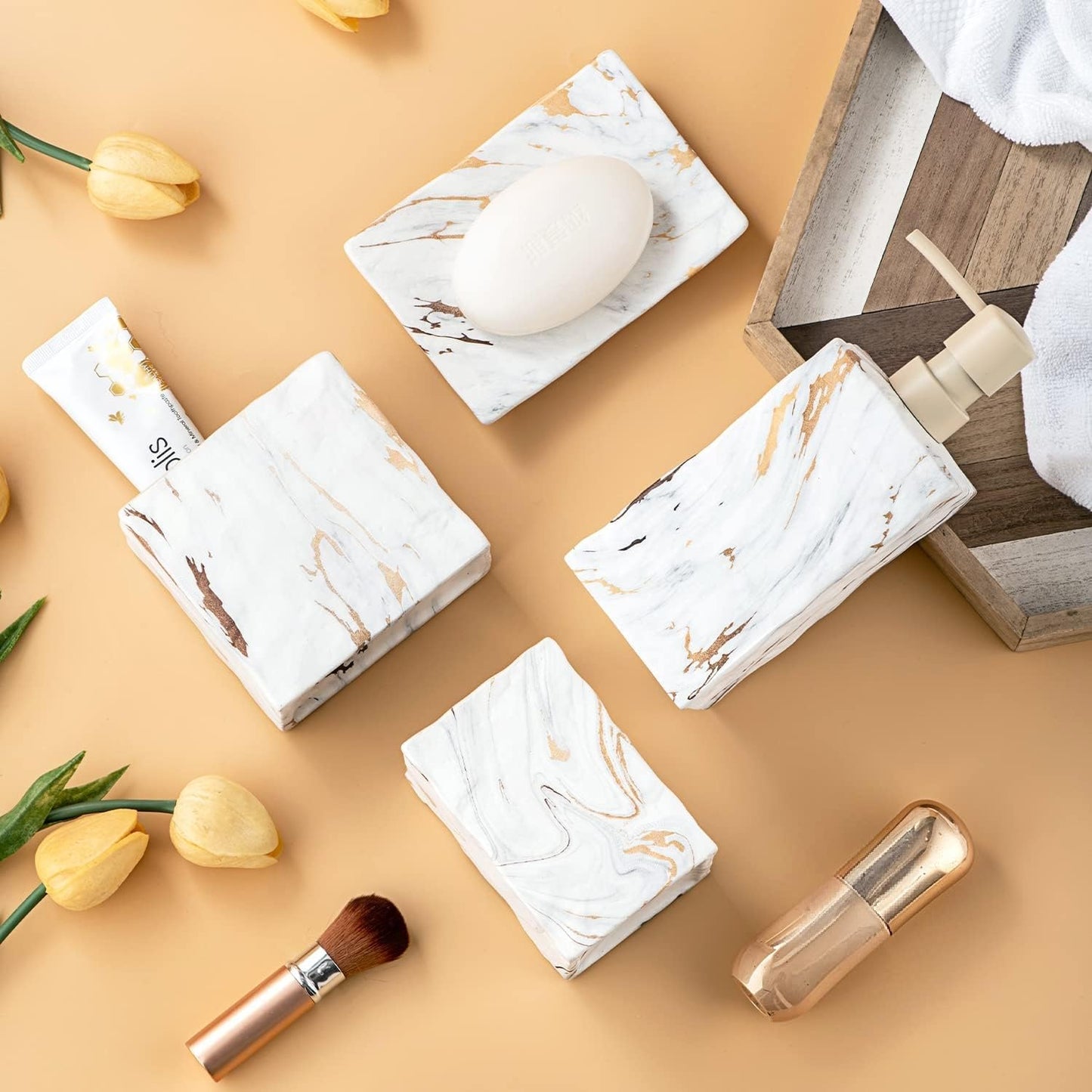 Bathroom Accessories Set 4 Pcs Marble Look Sets Toothbrush Holder Soap Dispenser Counter Top Ceramic Bathroom Decor Set Gold